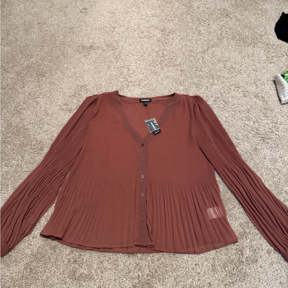 Express Rust Brown Plissé V-Neck Button Blouse